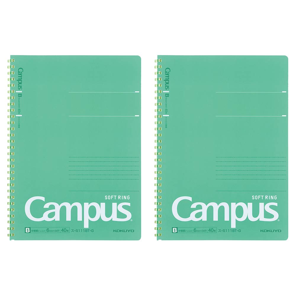 Kokuyo Campus Soft Ring Notebook, Semi-B5, B 6mm Dot Ruled, 34 Lines, 40 Sheets, Green, Set of 2