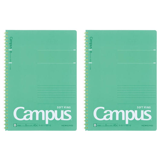 Kokuyo Campus Soft Ring Notebook, Semi-B5, B 6mm Dot Ruled, 34 Lines, 40 Sheets, Green, Set of 2