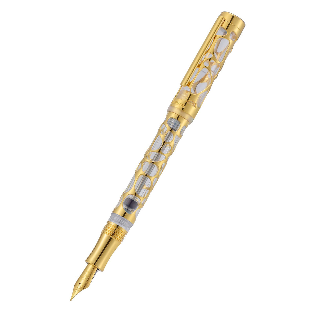 Asvine V169 Vacuum Filling Fountain Pen Medium Nib, Water Drop Skeleton Gold Trim Transparent Clear