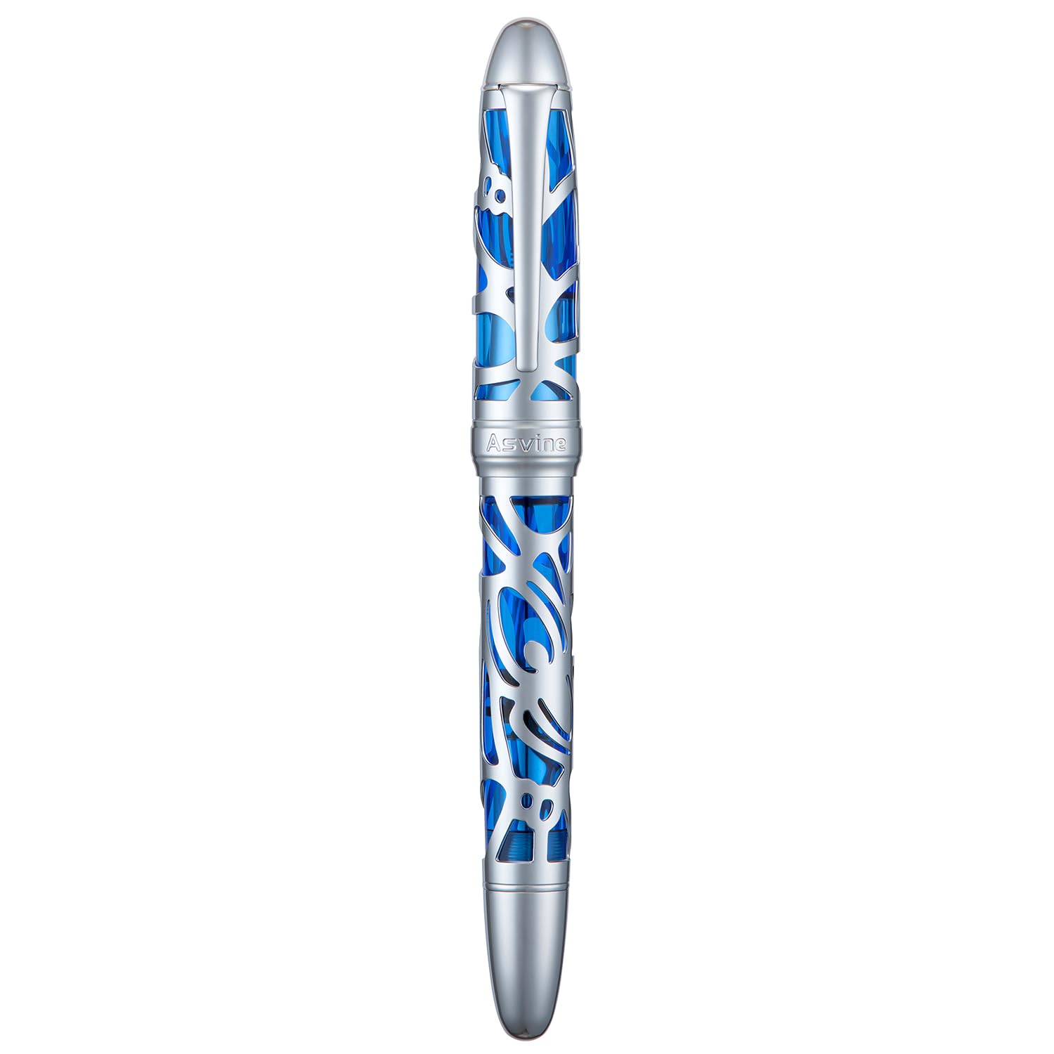 Asvine P80 Piston Filling Fountain Pen Fine Nib, Spider Skeleton Transparent Blue Acrylic Pen Case