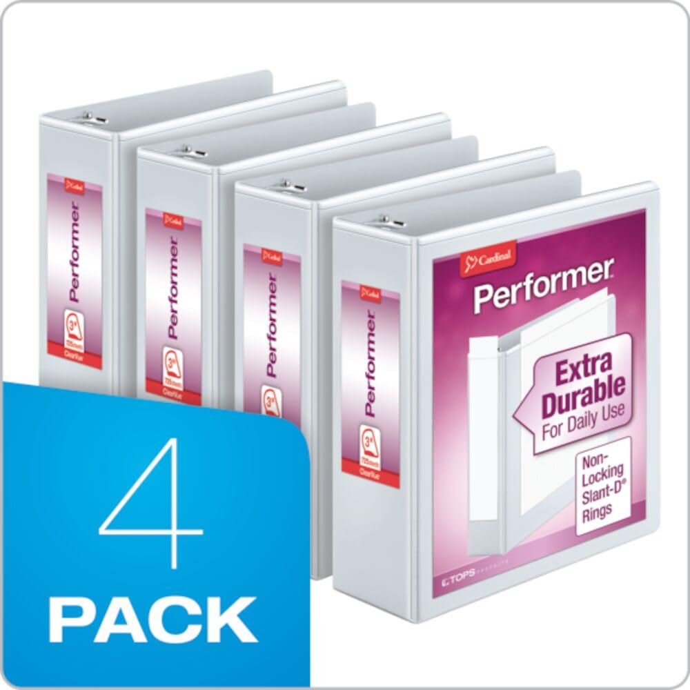 Cardinal Performer 3-Ring Binders, 3", Non-Locking Slant-D Rings, 725-Sheet Capacity, ClearVue