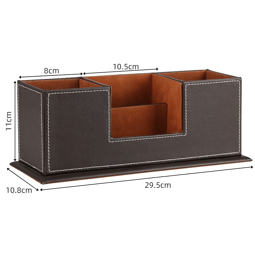 KINGFOM™ Double Holder Wood Leather Multi-Function Desk Stationery Organizer Dark Brown