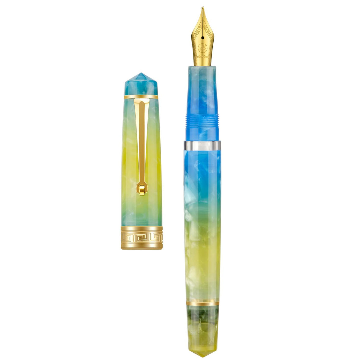 Asvine P20 Piston Fountain Pen Gradual Yellow Resin, Iridium Extra Fine Nib Gold Trim Smooth Writer