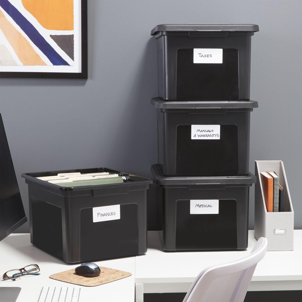 STAPLES Plastic File Box with Snap Lid, Letter/Legal Size, Black, 4/Carton