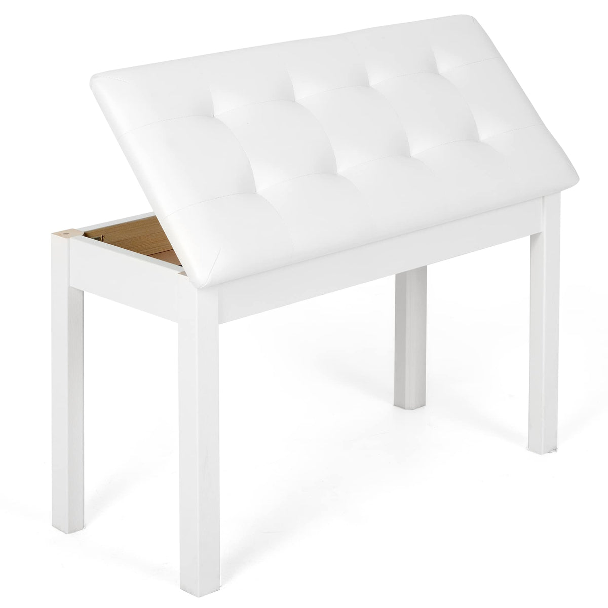 Wooden Duet Piano Bench with Padded Cushion and Storage Compartment, White