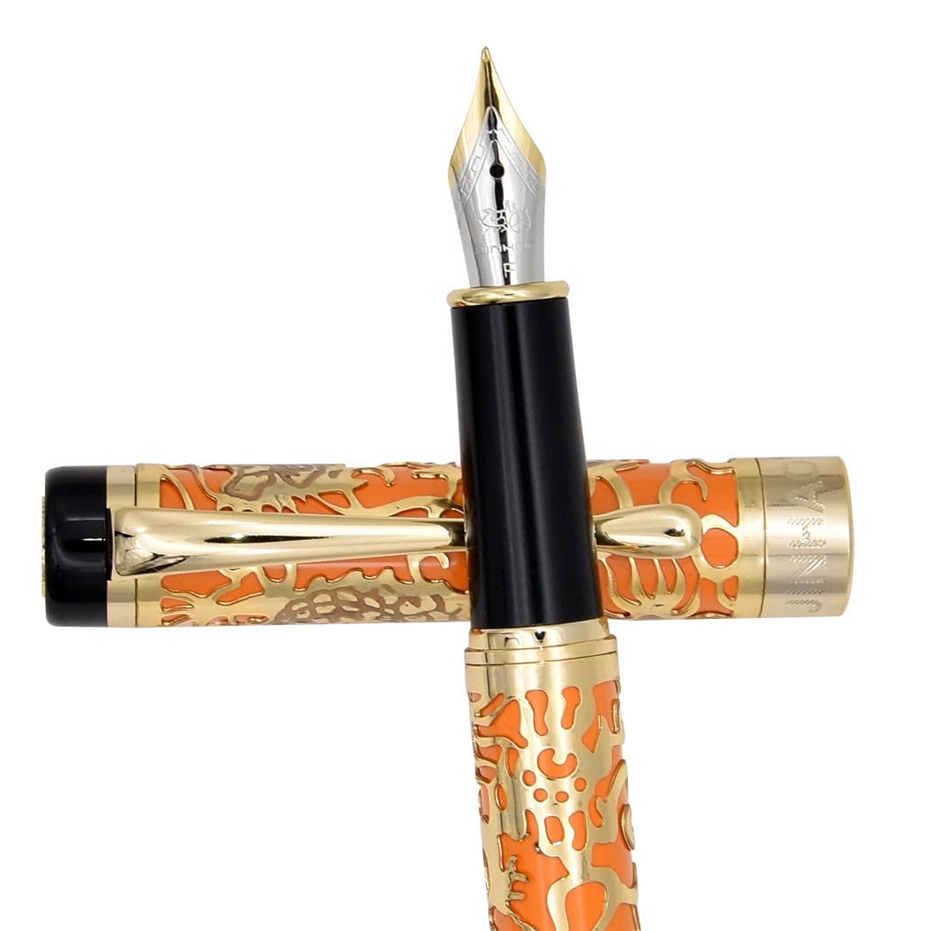 zoohot Jinhao Dragon Pen Fine Nib Fountain Pen with Converter and Box Set (Orange)