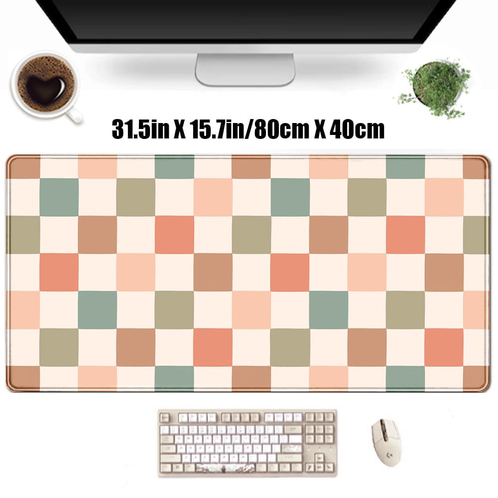 Boho Checkered Desk Mat, Retro Beige Plaid Mouse Pad Xl-31.5x15.7in-Pastel Desk Mousepad-Extended