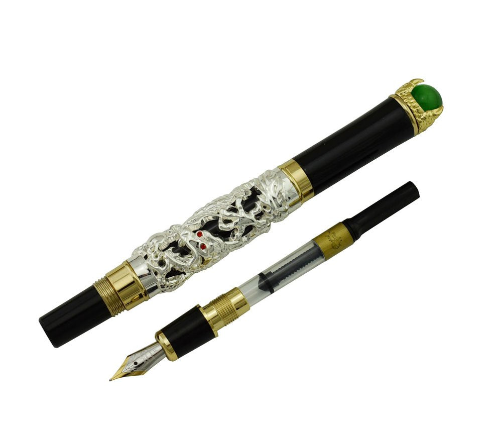 Jinhao Dragon Fountain Pen Fine Nib Silver Color Playing Pearl, Green Jewelry with Pen Pouch