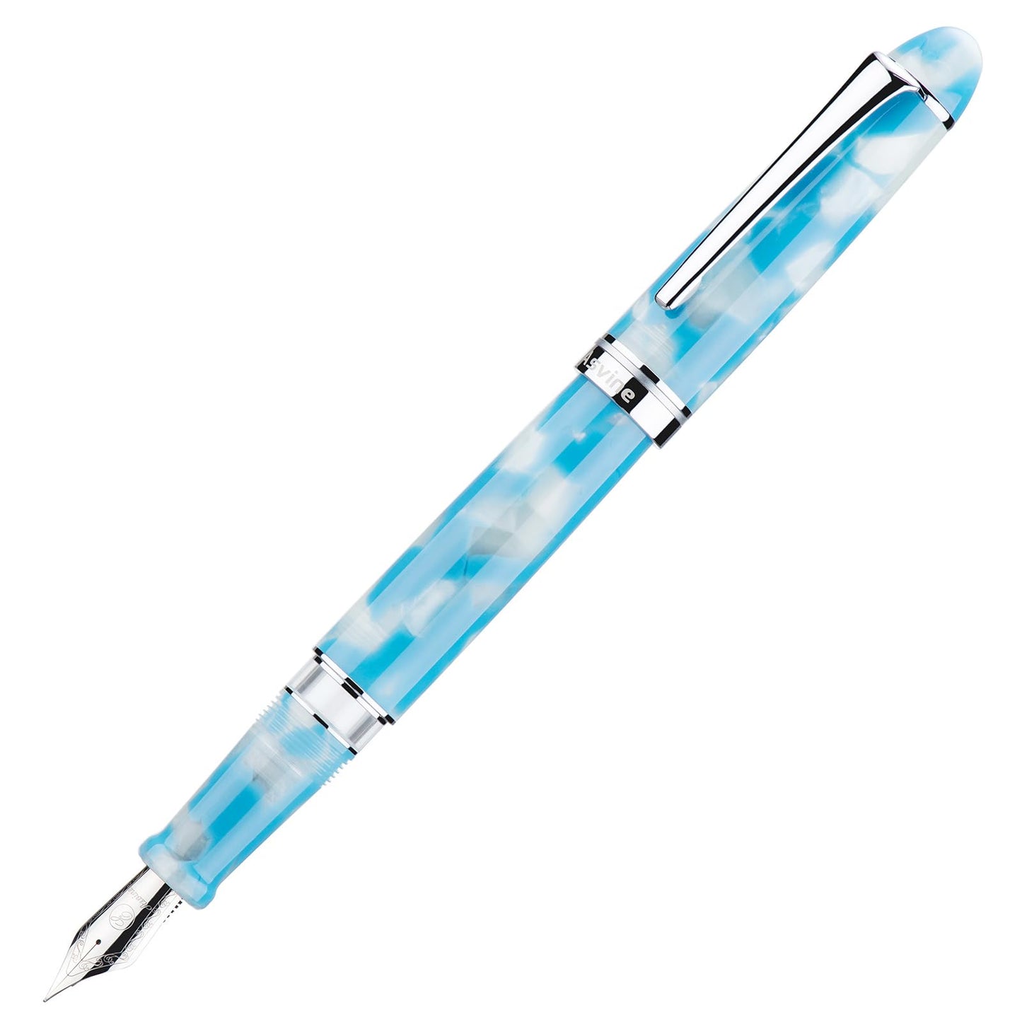 Asvine P50 Piston Fountain Pen Sky Blue Resin, Medium Nib Silver Trim Smooth Writer Collection with