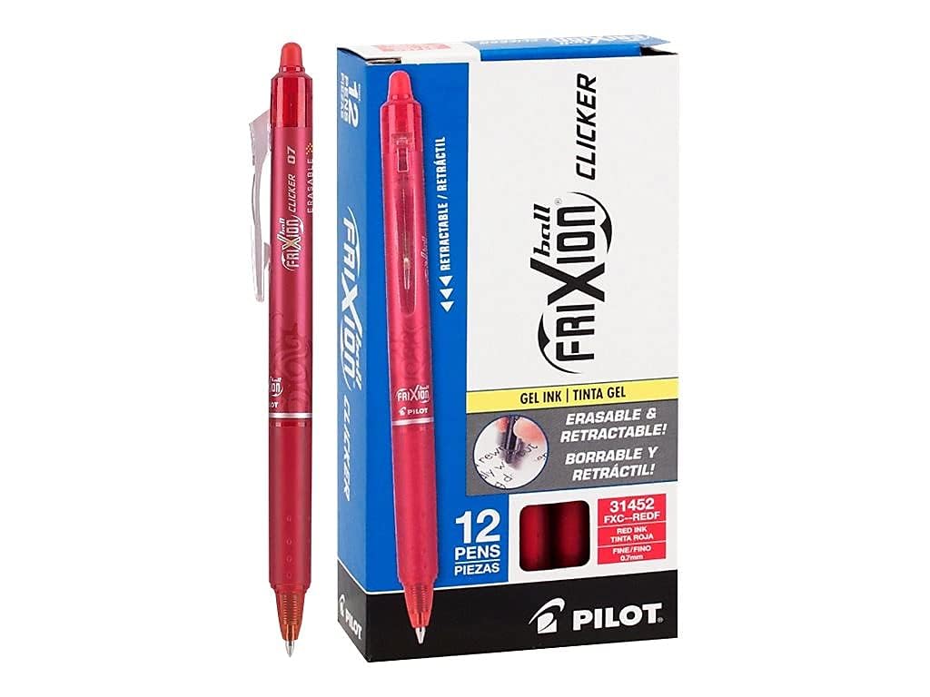 PILOT FriXion Clicker Erasable Gel Ink Pens, Fine Point 0.7mm, Red, 12Pk