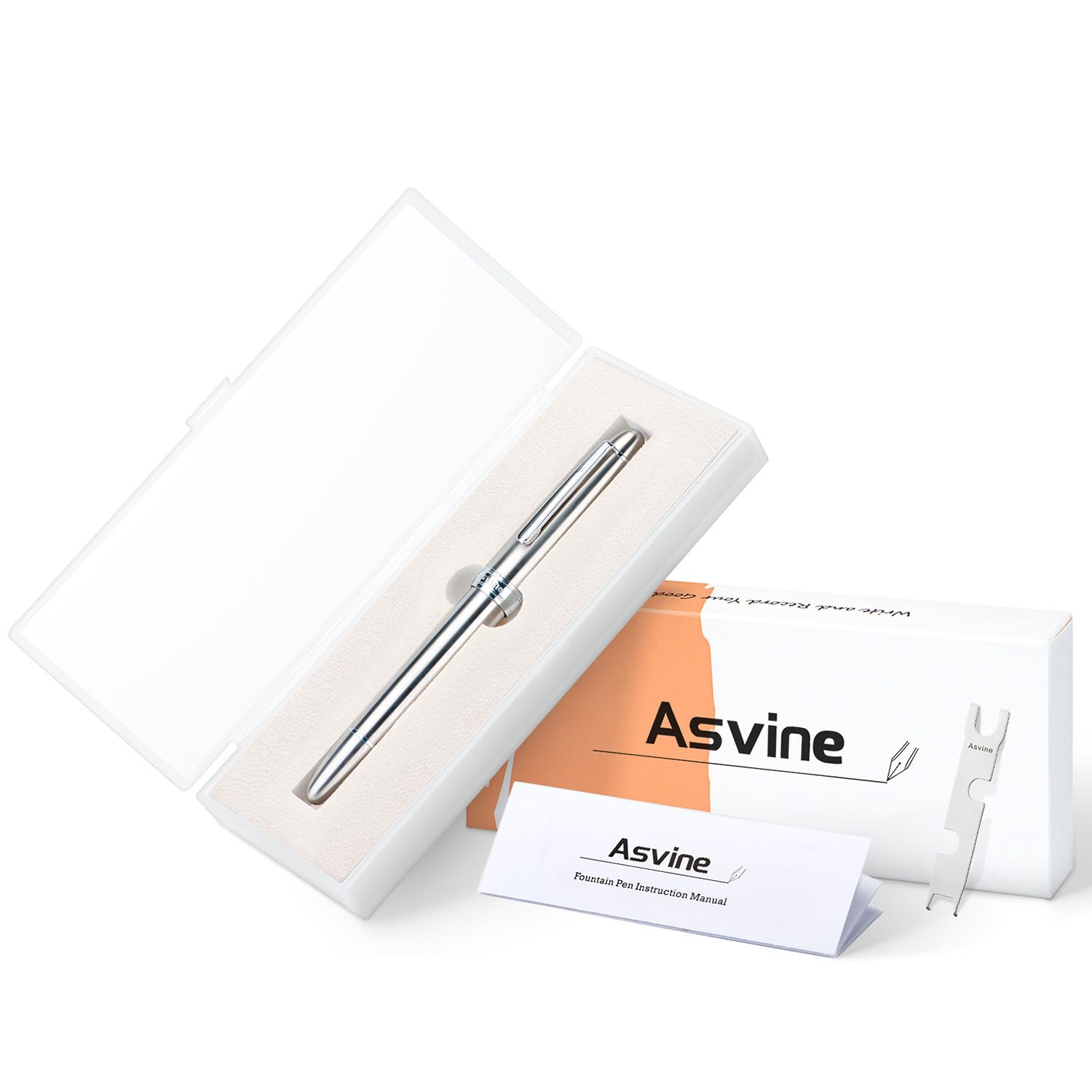 Asvine J16 Solid Titanium Fountain Pen Jowo Fine Nib Piston Filling, Ink Window Design with Wrench