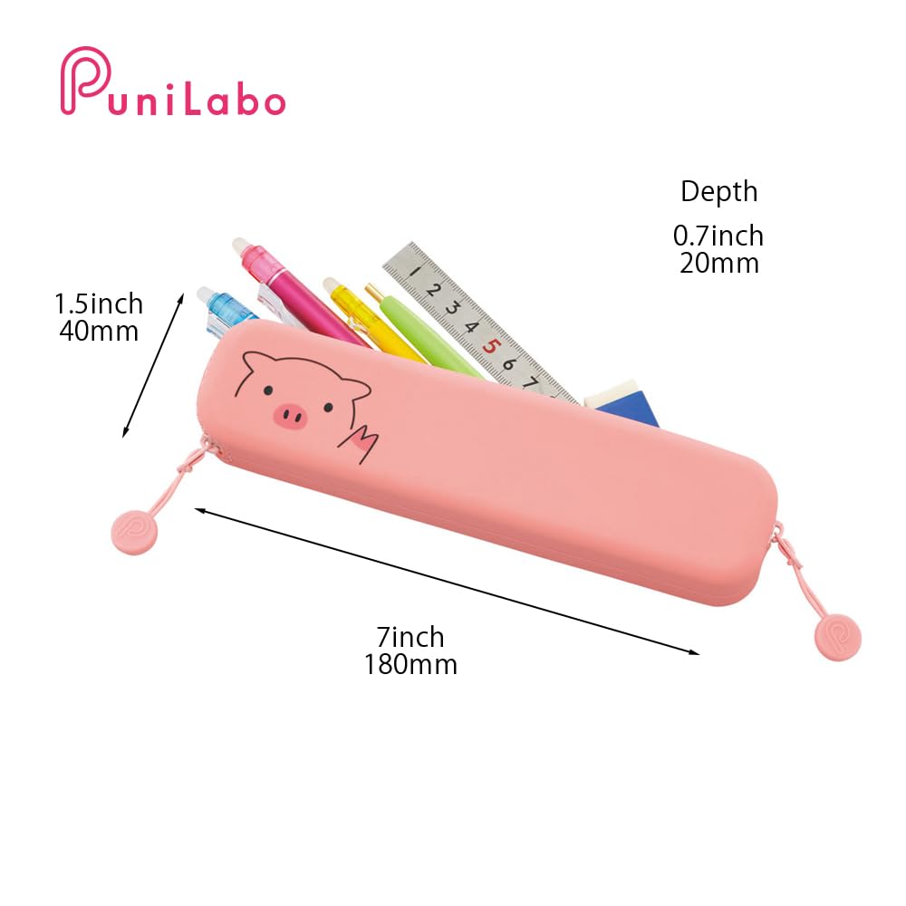 LIHIT LAB PuniLabo Slim Zipper Pen Pouch, 7.9" × 1.9", Pig (A7717-5)