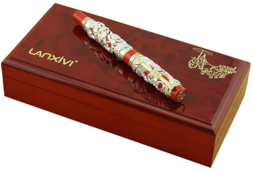 Jinhao Dragon Phoenix 3d Embossment Silver Red Fountain Pen Bent Nib Chinese Ruyi Clip Wooden Box