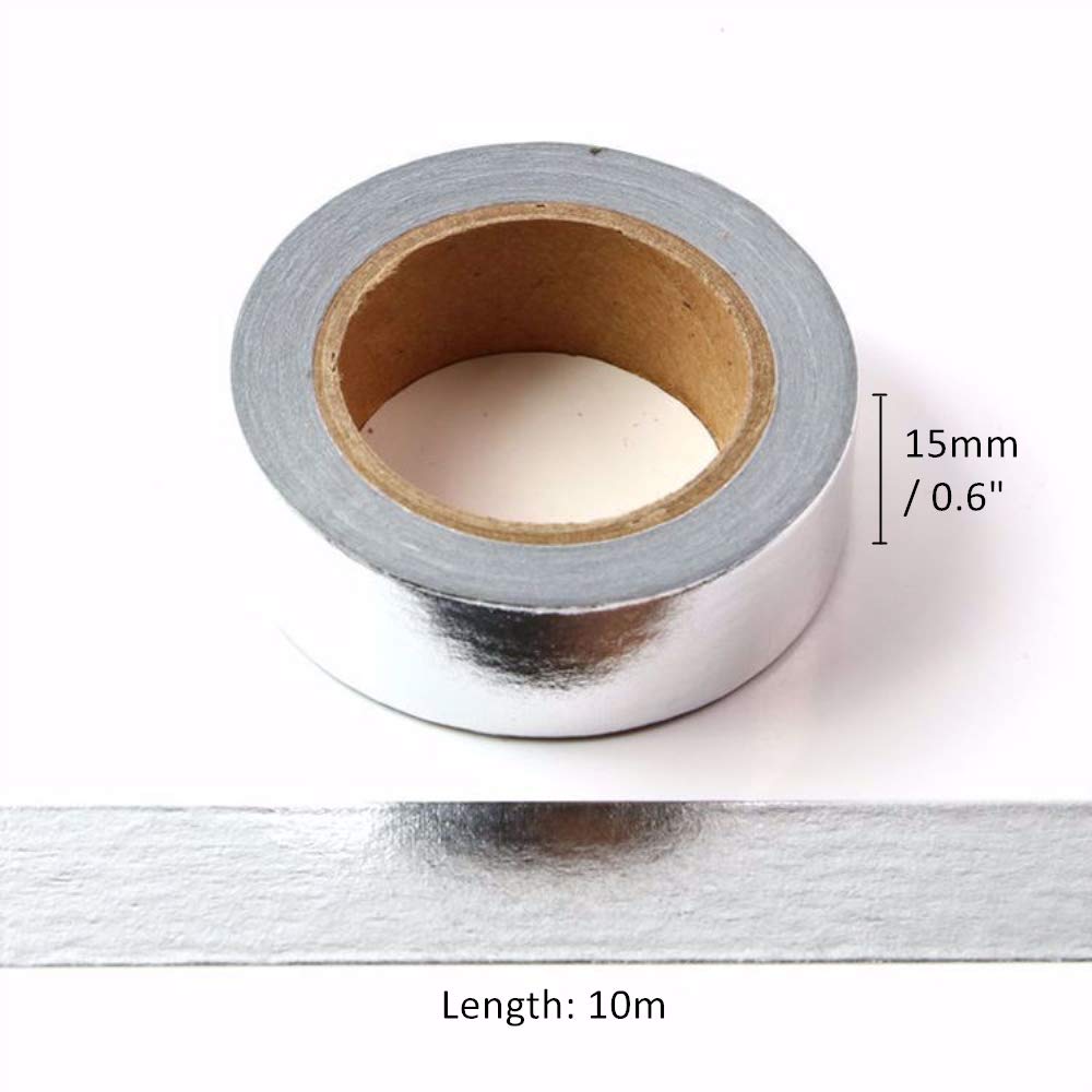 MEI YI TIAN 6 Rolls Solid Silver Foil Washi Tape Set 15mm Width 10m Length Glitter Paper Adhesive
