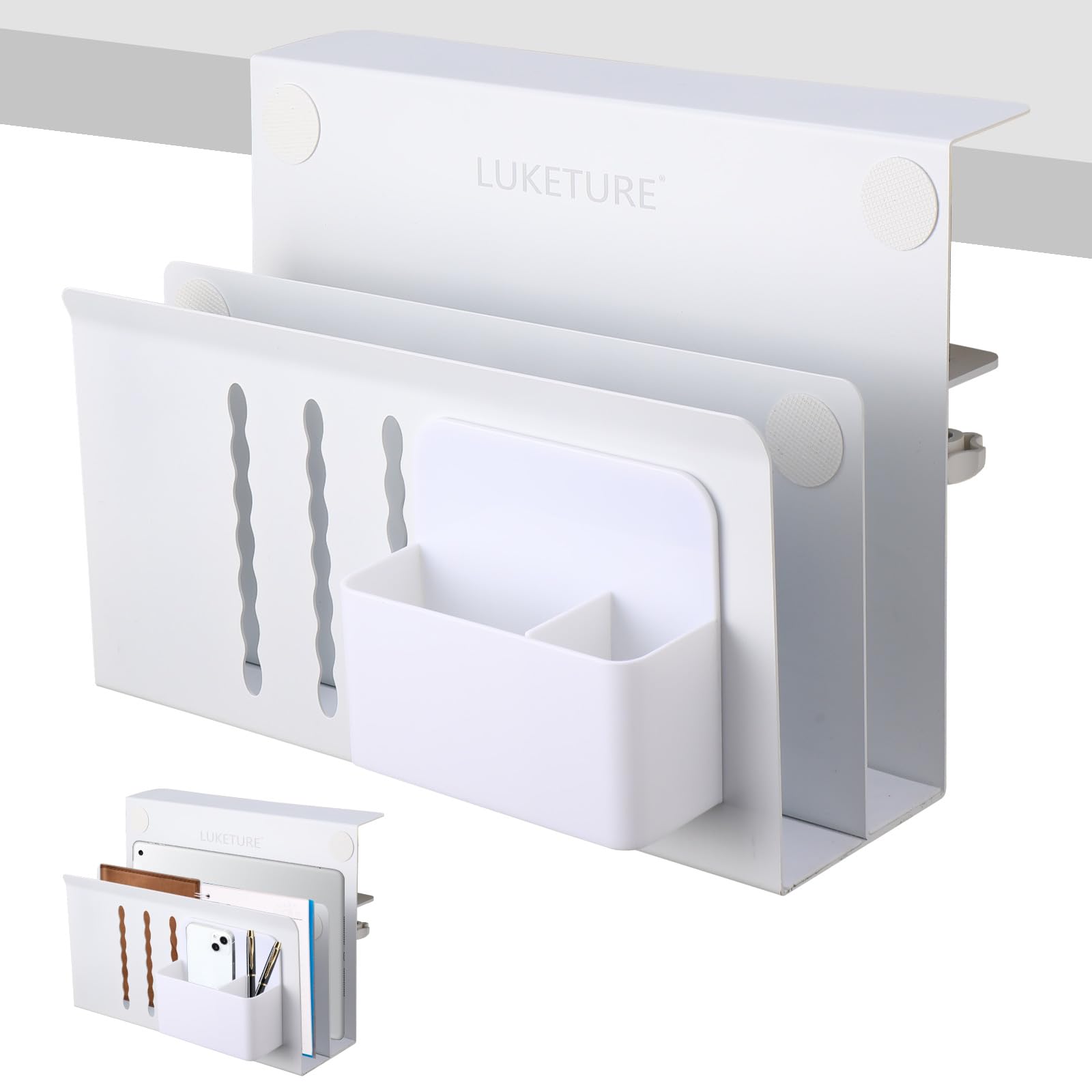 LUKETURE Desk Side Storage, 2 Tier Under Desk Laptop Mount with Pen Slot