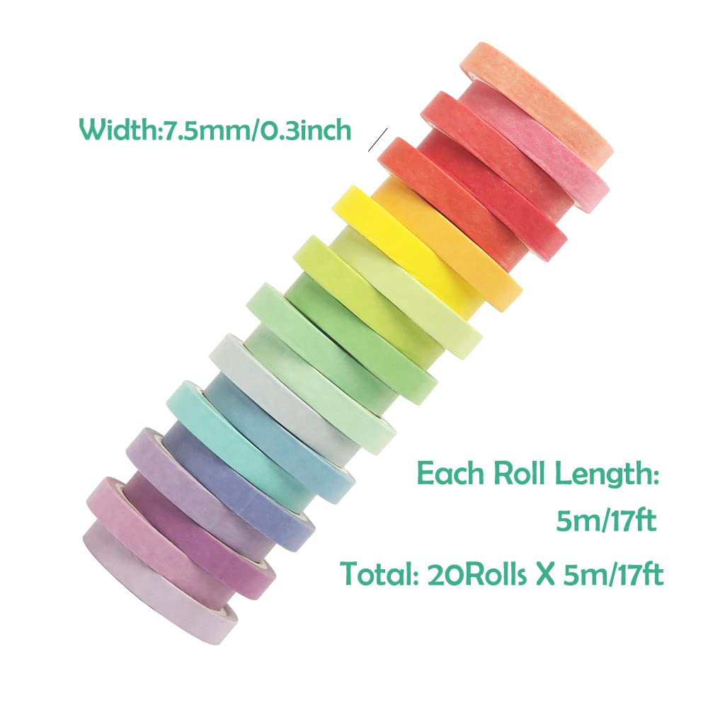 Maartla 20 Rolls Washi Tape Set, Rainbow Washi Tape Colorful Masking Tape 7.5mm Wide, Thin