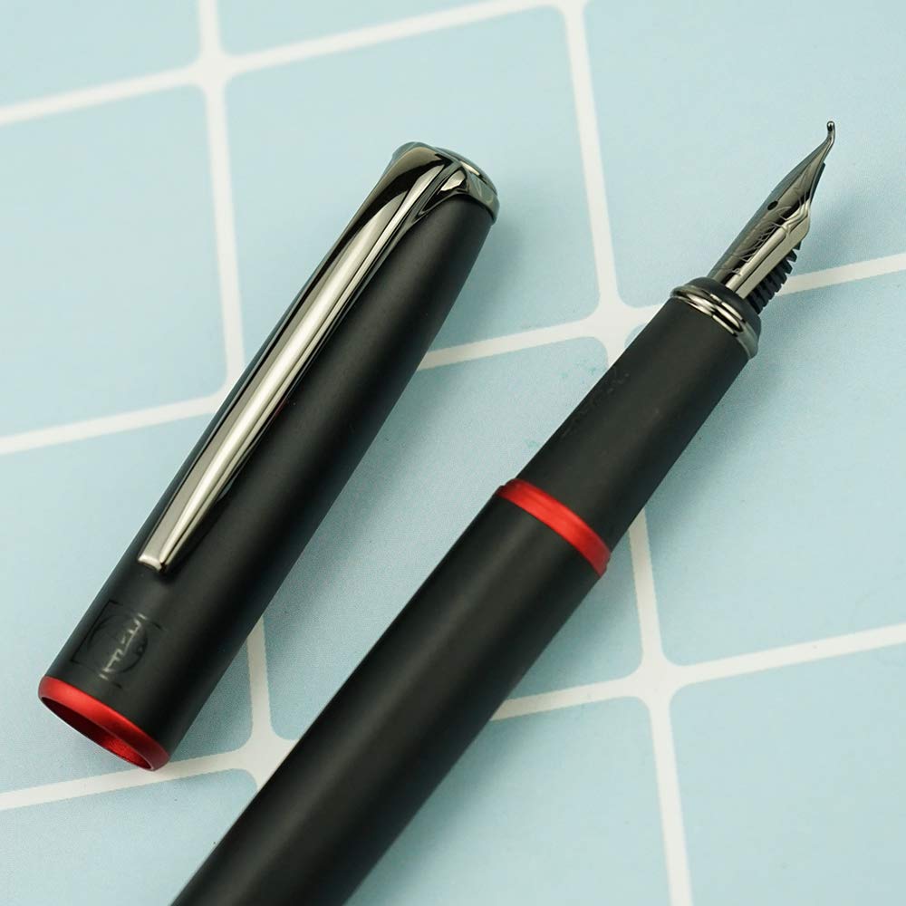 erofa Picasso 916 Matte Black & Red Ring Fountain Pen with Box - Titanium Gray Bent Nib