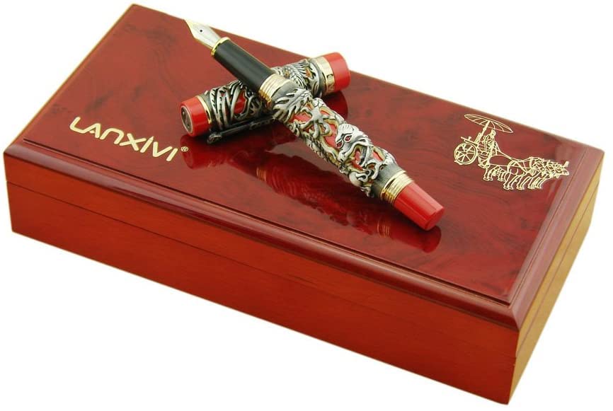 Jinhao Dragon Phoenix 3d Embossment Gray Red Fountain Pen Extra Fine Nib Chinese Ruyi Clip Wooden