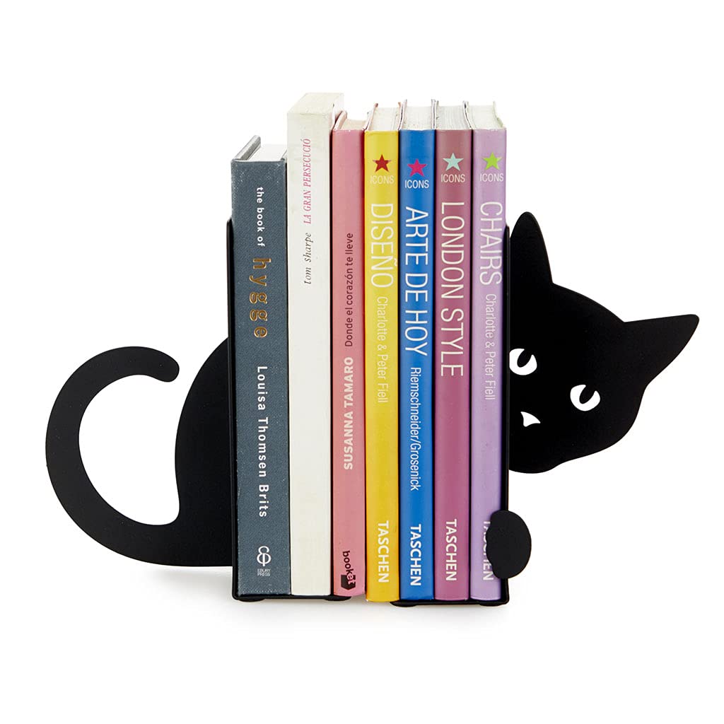 Balvi Hidden Cat Bookend – Black Metal Book Holder for Shelves – Decorative and Functional Book