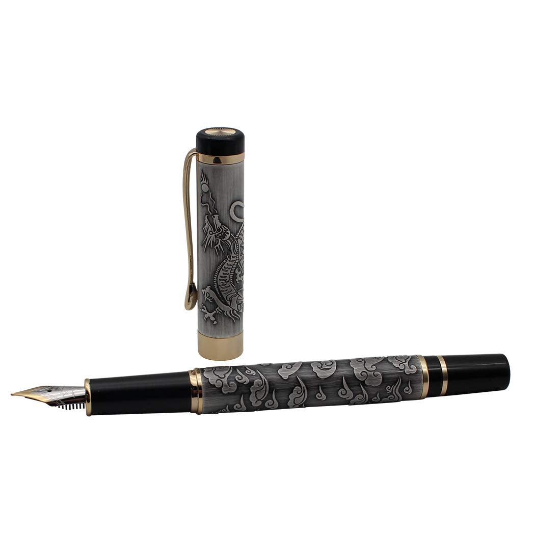 zoohot Ancient Silver Jinhao Dragon Fountain Pen Fine Nib Executive Fountain Pens Set, Vintage Pens