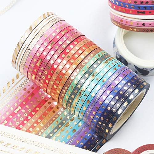 YUBBAEX 24 Rolls Skinny Washi Tape Set Gold Foil Print Decorative Tapes for Arts, DIY Crafts