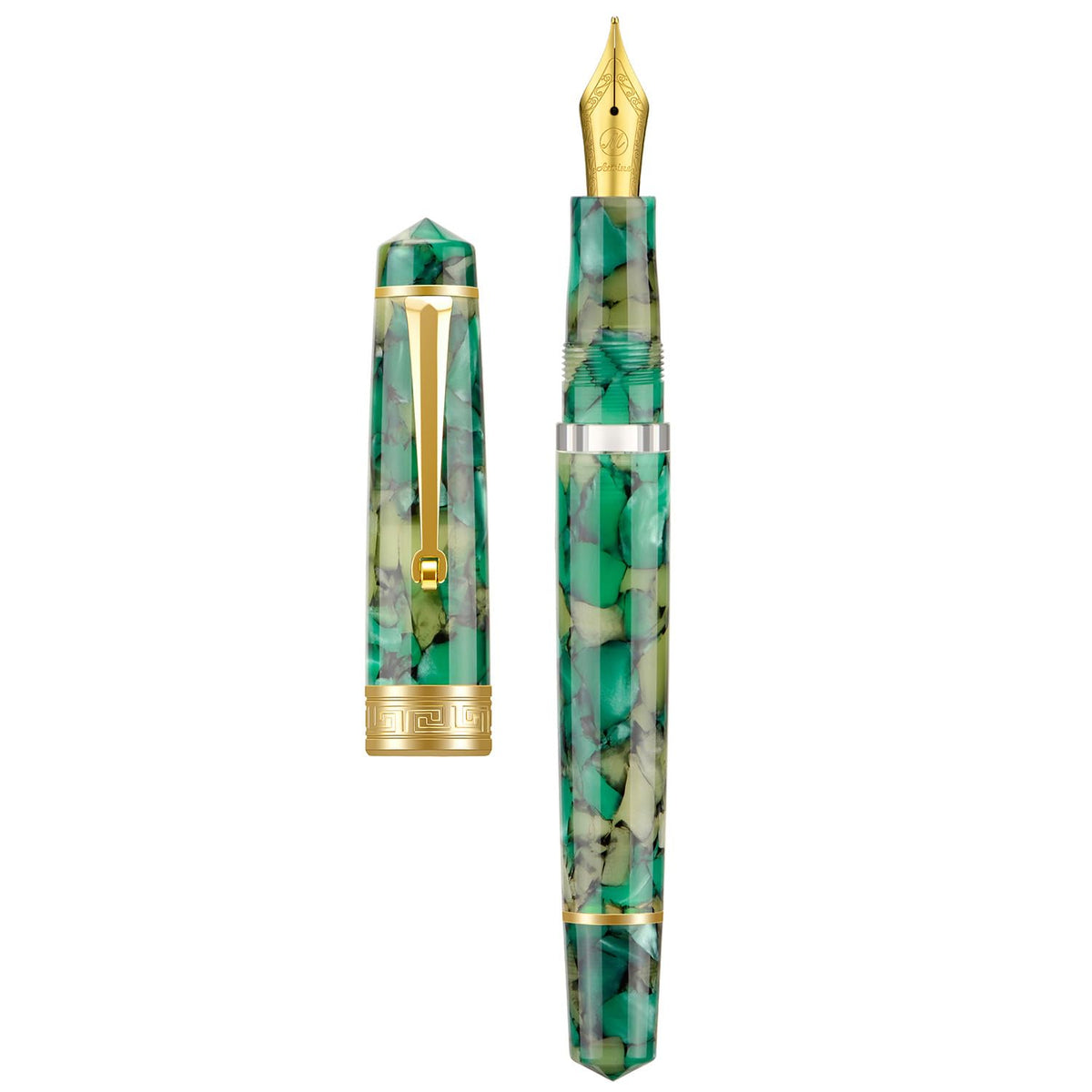 Asvine P20 Piston Fountain Pen Extra Fine Point, Green Marble Acrylic Gold Trim Smooth Writer