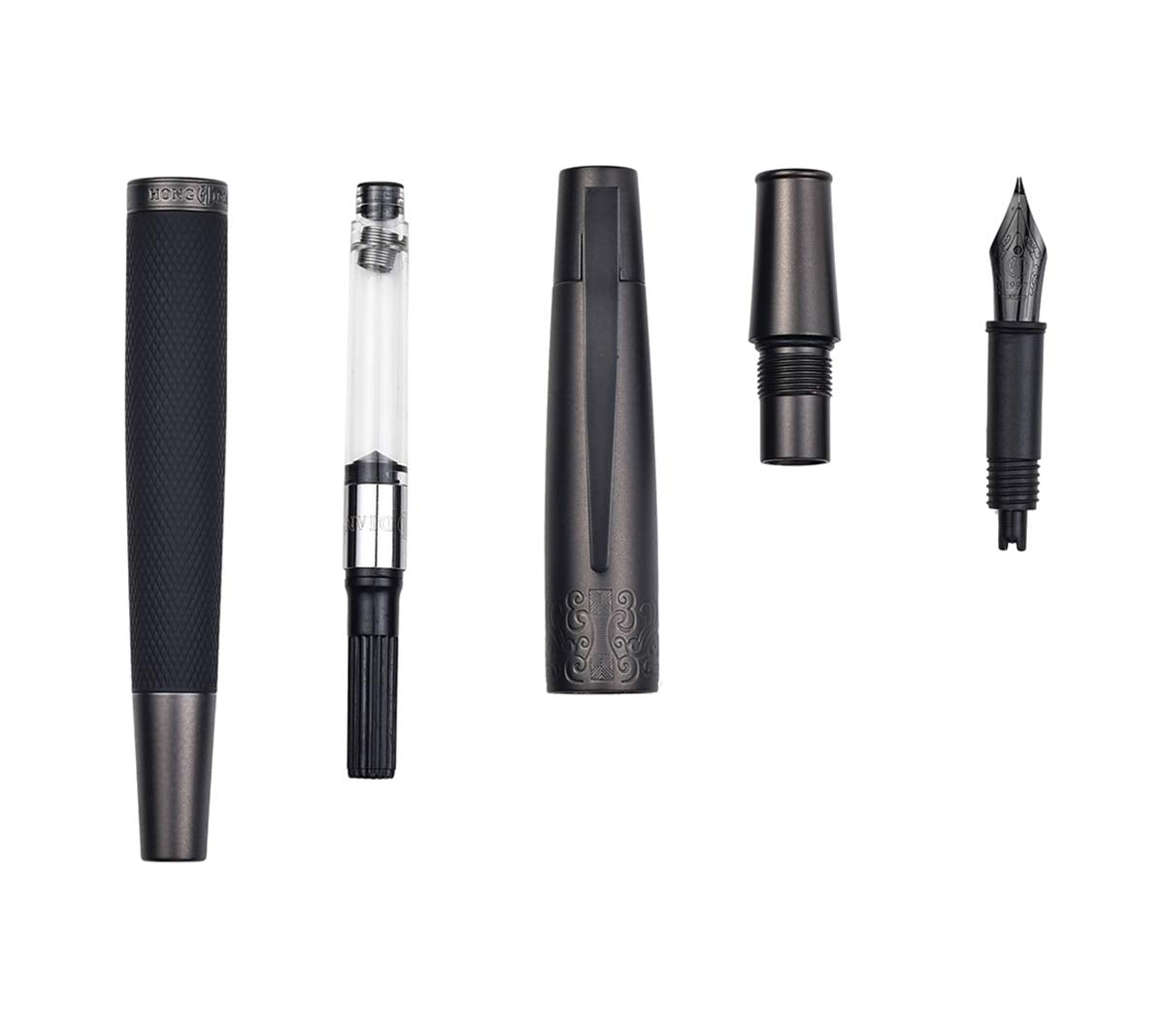 Pure Black Fountain Pen, PVD Coated Black Bent Nib Solid Metal Fude Pen, Metal Box Set by Hongdian