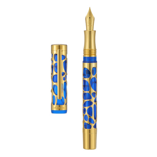 Asvine V169 Vacuum Filling Fountain Pen Medium Nib, Water Drop Skeleton Gold Trim Transparent Blue