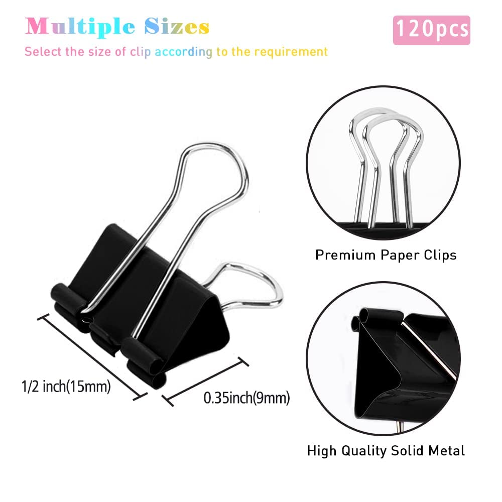 Mini Binder Clips, 144 Pack, 5/8 Inch, Black, Standard 15mm, Micro Paper Clips, Fold Clamp