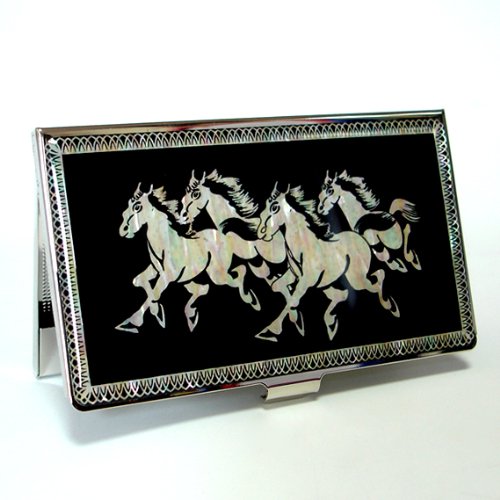 Antique Alive Year of The Horse Zodiac 2026 Business Card Case, Mother of Pearl Design, Chinese