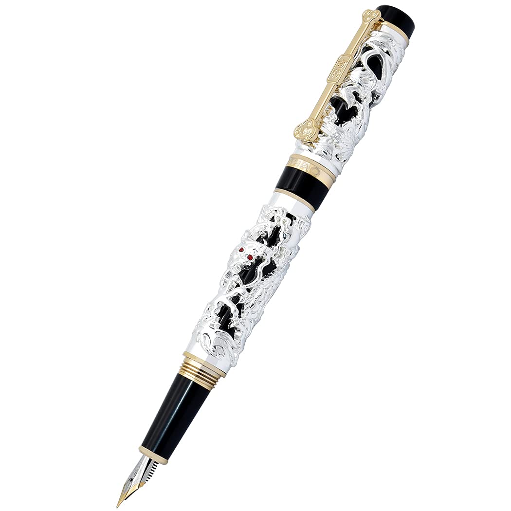 Dragon Pen Jinhao Fountain Pen Fine Nib Heavy Pen with Converter and Box Set, Silver