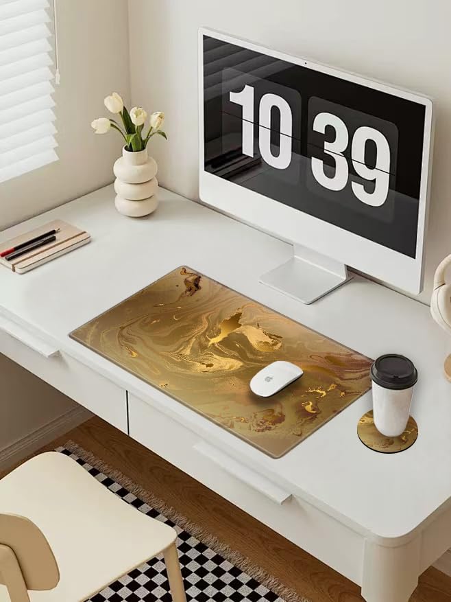 Gaming Mouse Pad Gold Marble Mousepad 24x12 Inch Desk Mat XL Long Desk Pad Non-Slip Rubber Base