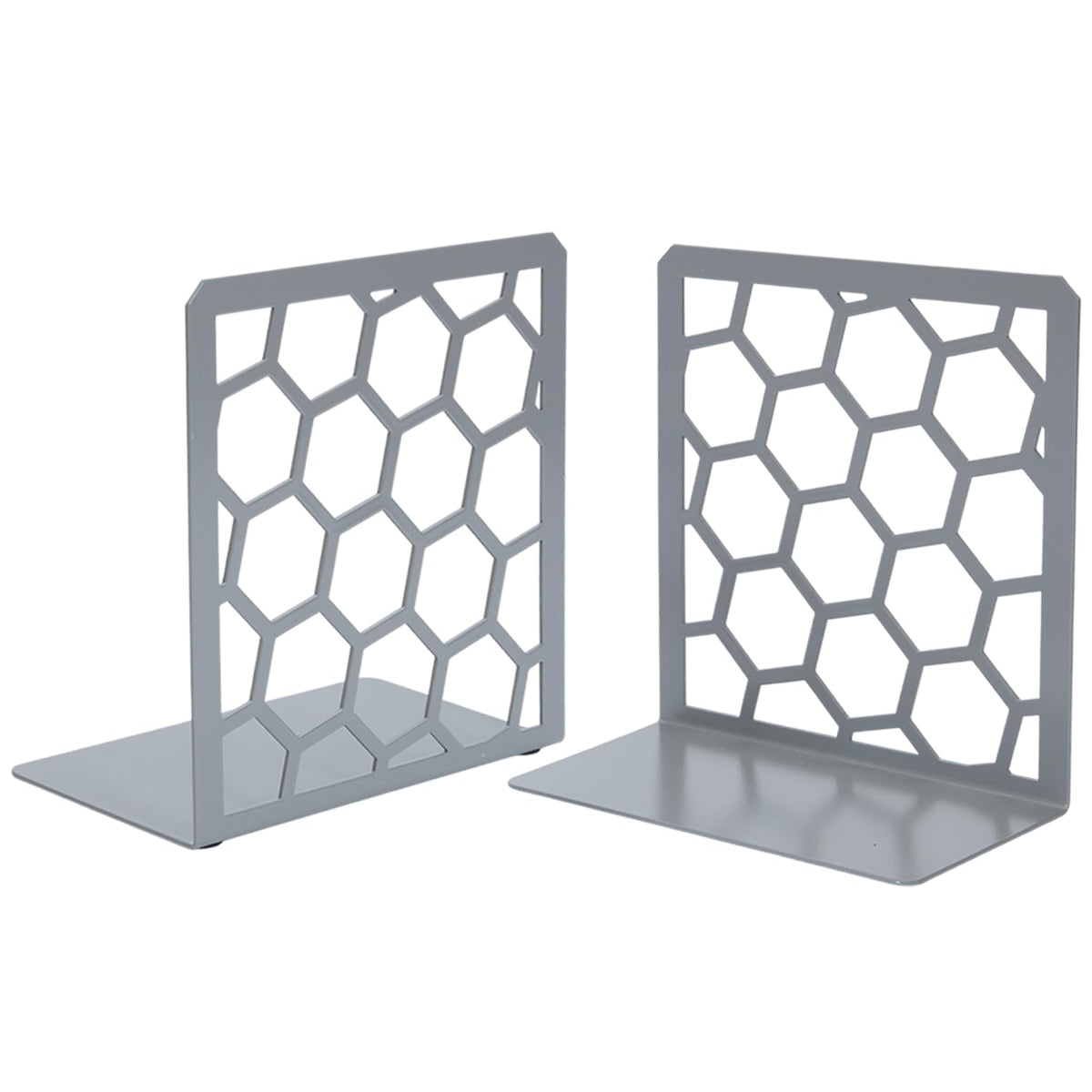 Gray Geometric Honeycomb Metal Bookends - Book Ends for Shelves - Decorative Modern Heavy Duty