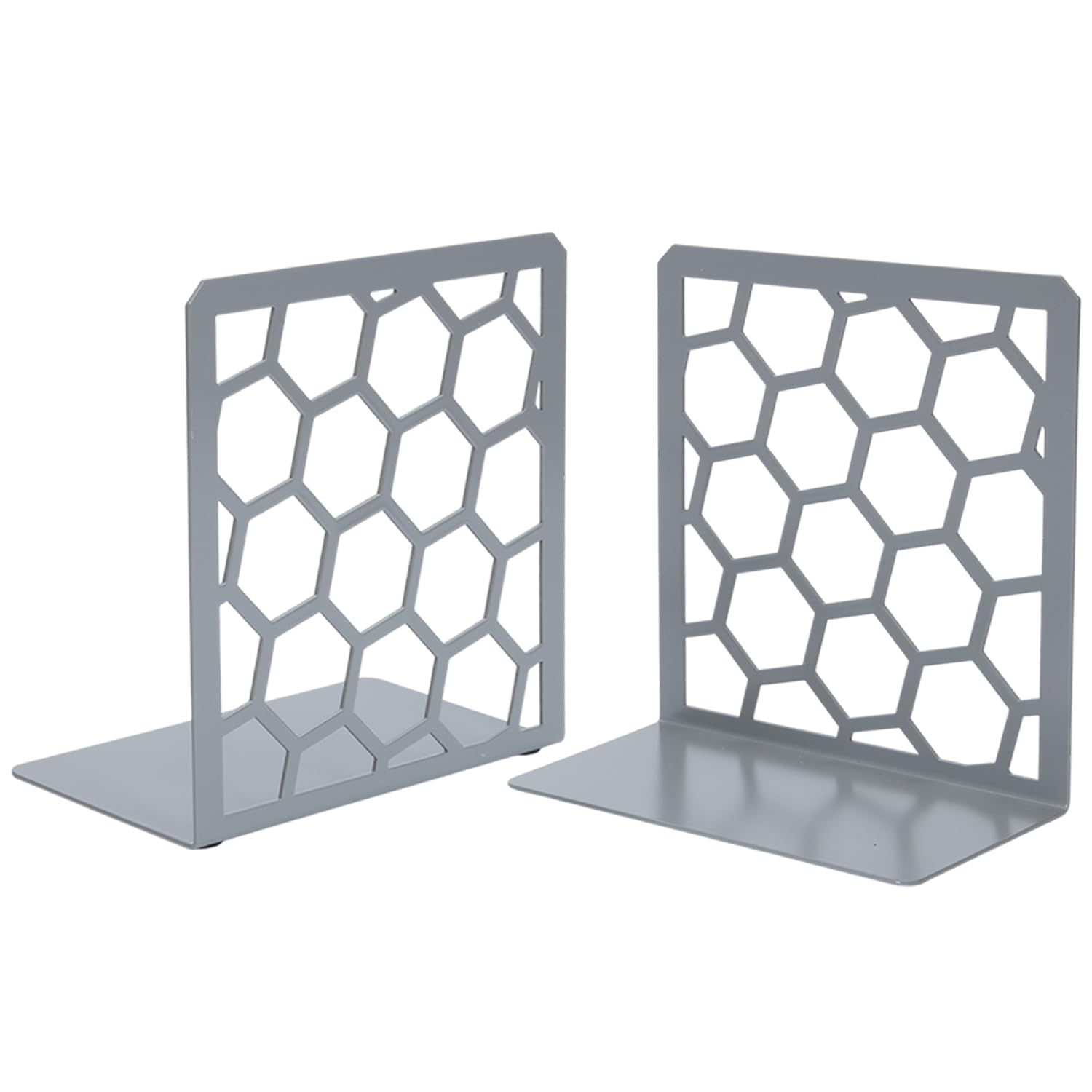 Gray Geometric Honeycomb Metal Bookends - Book Ends for Shelves - Decorative Modern Heavy Duty
