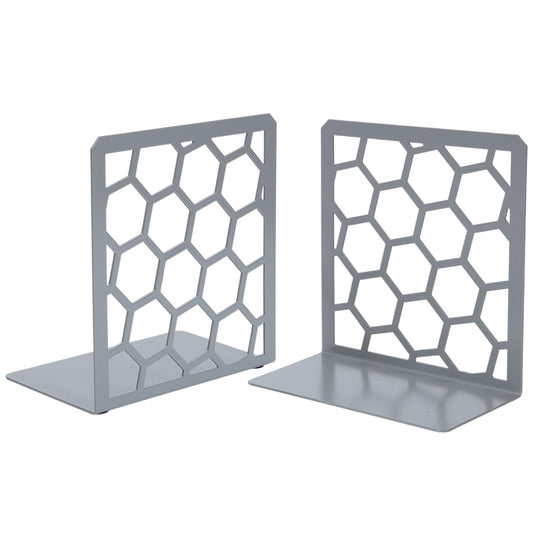 Gray Geometric Honeycomb Metal Bookends - Book Ends for Shelves - Decorative Modern Heavy Duty
