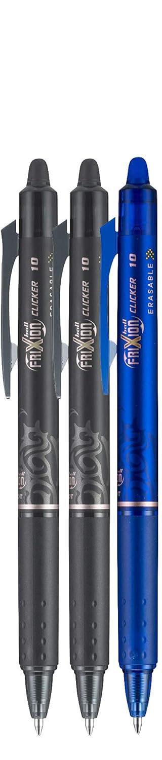 Clicker Retractable Erasable Gel Pen, Black/Blue, Bold Point, 3-pk;