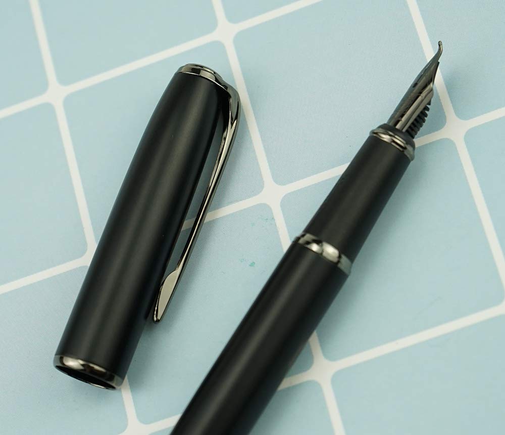 erofa Picasso 916 Matte Black & Gray Ring Fountain Pen with Box - Titanium Gray Bent Nib