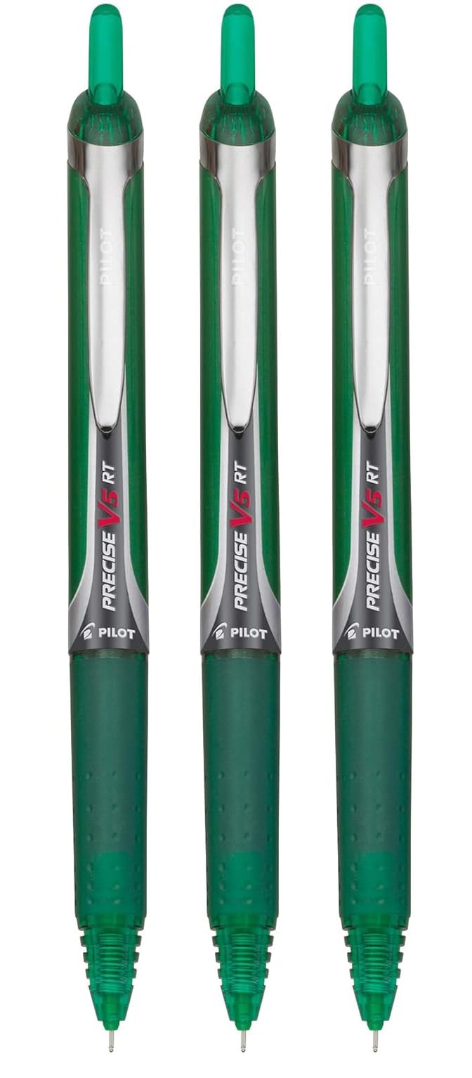 Precise V5 RT Retractable Rollerball Pens, 0.5mm Extra Fine, Green, 3-Pack