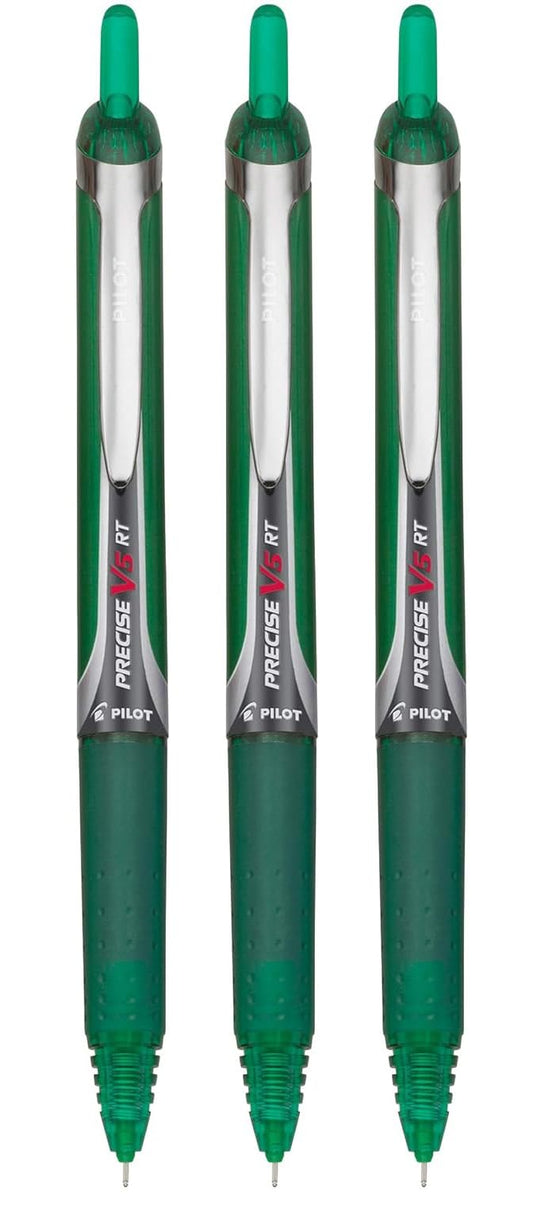 Precise V5 RT Retractable Rollerball Pens, 0.5mm Extra Fine, Green, 3-Pack