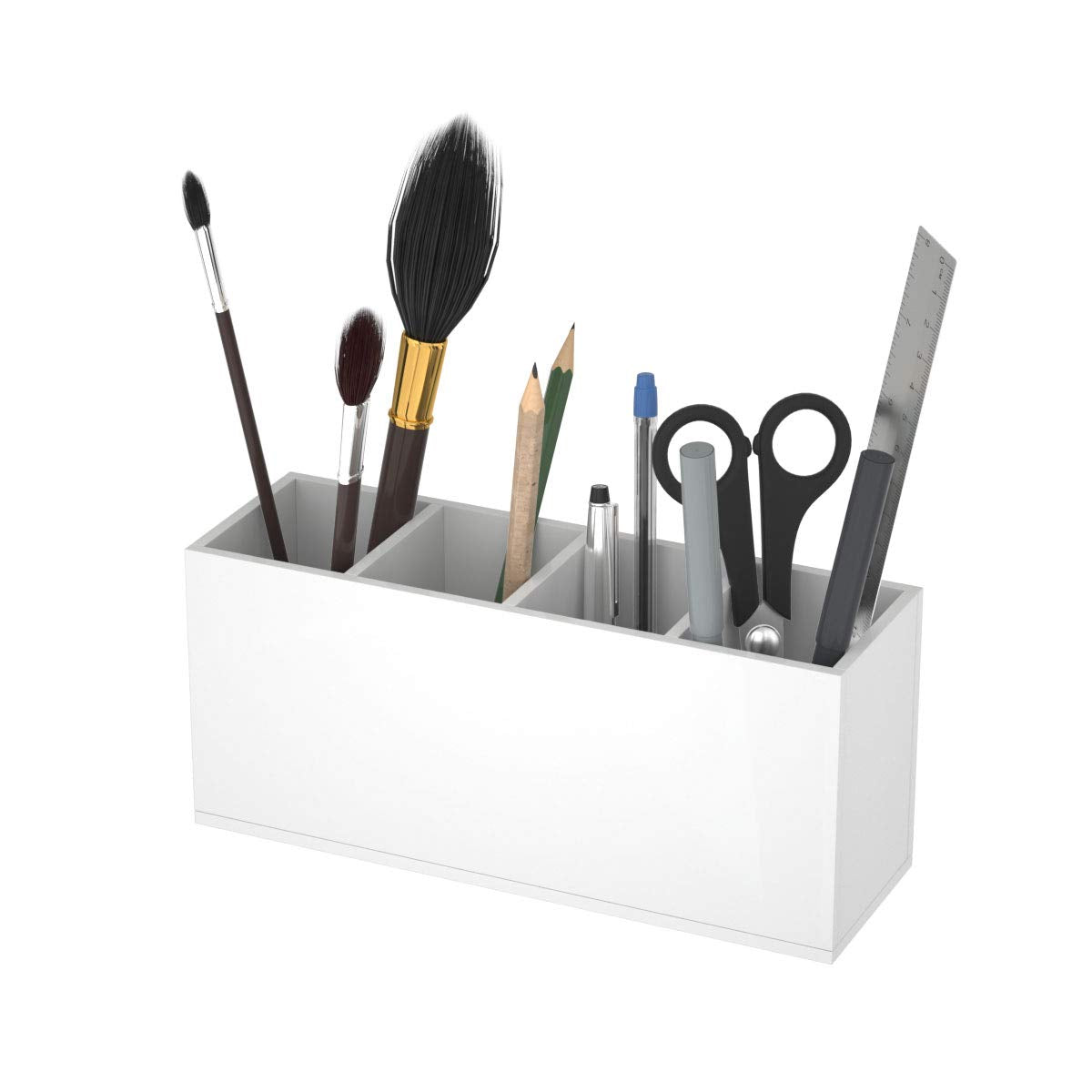 NIUBEE Acrylic Pen Holder 4 Compartments, White Pencil Organizer Cup for Countertop Desk Accessory