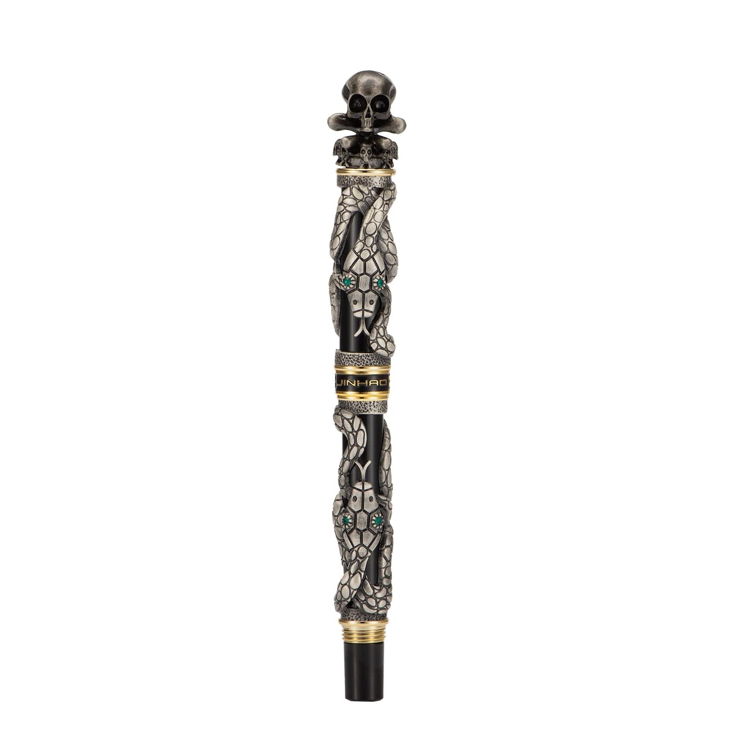 Jinhao Black Snake Fountain Pen Medium Nib Retro Style with Skull Head Solid Metal and Paper Pen