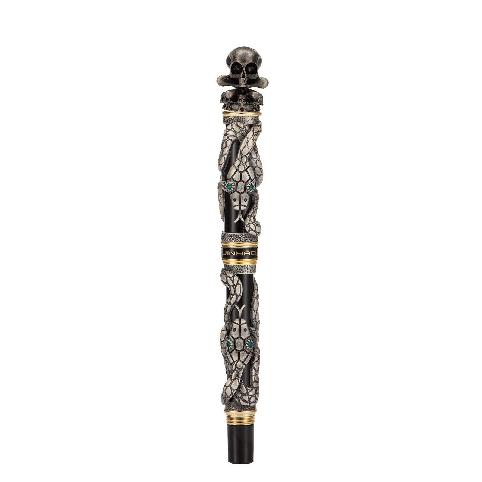 Jinhao Black Snake Fountain Pen Medium Nib Retro Style with Skull Head Solid Metal and Paper Pen