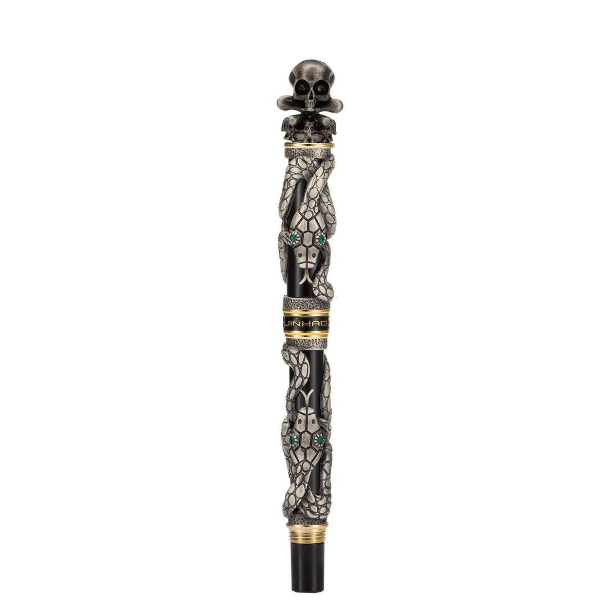 Jinhao Black Snake Fountain Pen Extra Fine Nib Retro Style with Skull Head Solid Metal and Paper