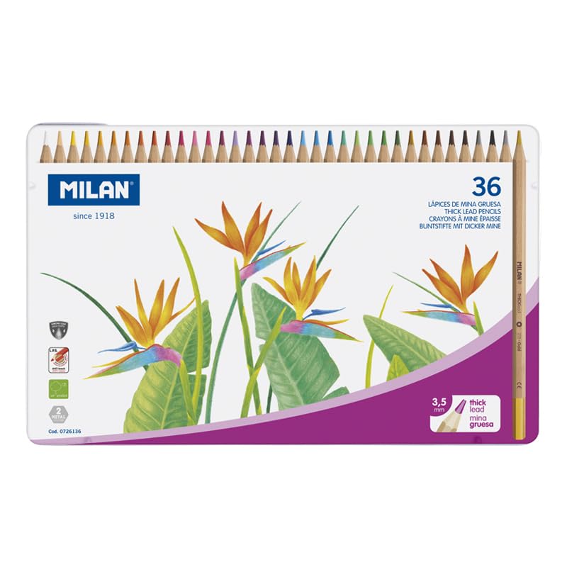 MILAN A.C Caja metálica 36 lápices de colores con mina grande Ø3,3 mm 213, white