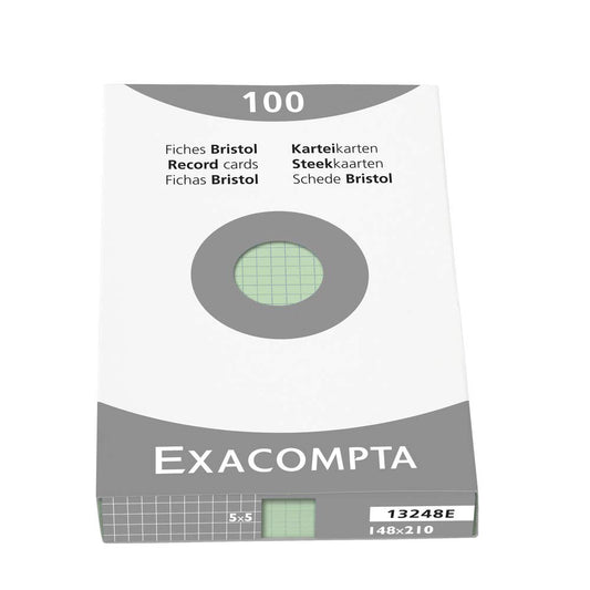 Exacompta A5 Bristol Squared Record Cards, Green, Pack of 100