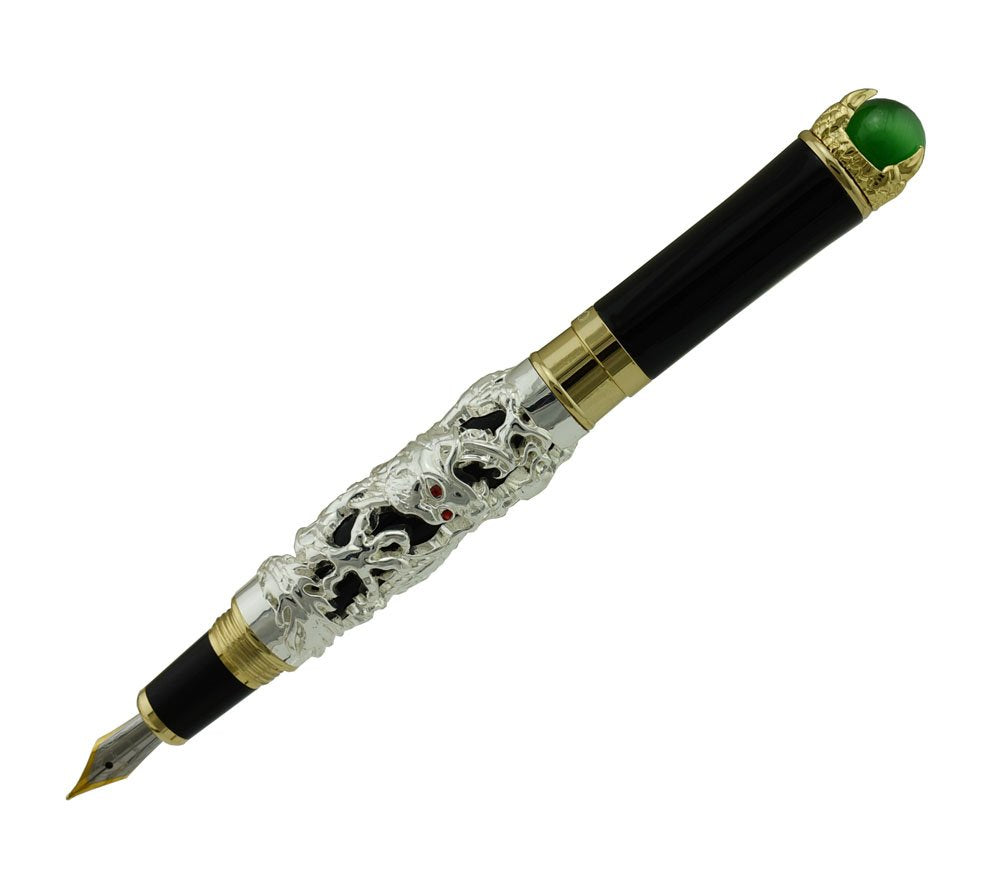 Jinhao Dragon Fountain Pen Fine Nib Silver Color Playing Pearl, Green Jewelry with Pen Pouch