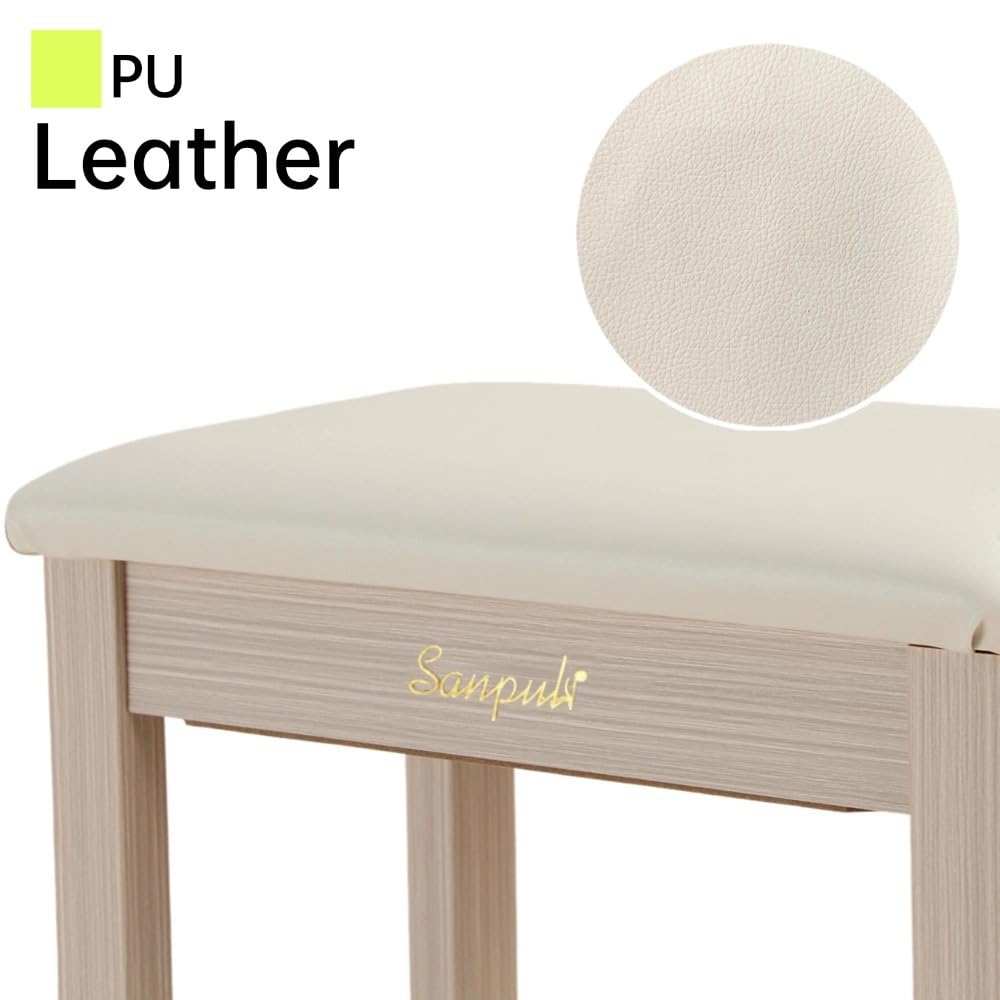Sanpuli Solid Wood Piano Bench with Storage, Piano Stool and Padded Cushion, Keyboard Bench with