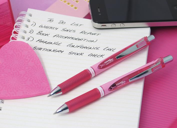 Pentel EnerGel XM Retractable Pink Barrel Supporting Breast Cancer Now, 0.7mm tip, Black Ink, (Pack