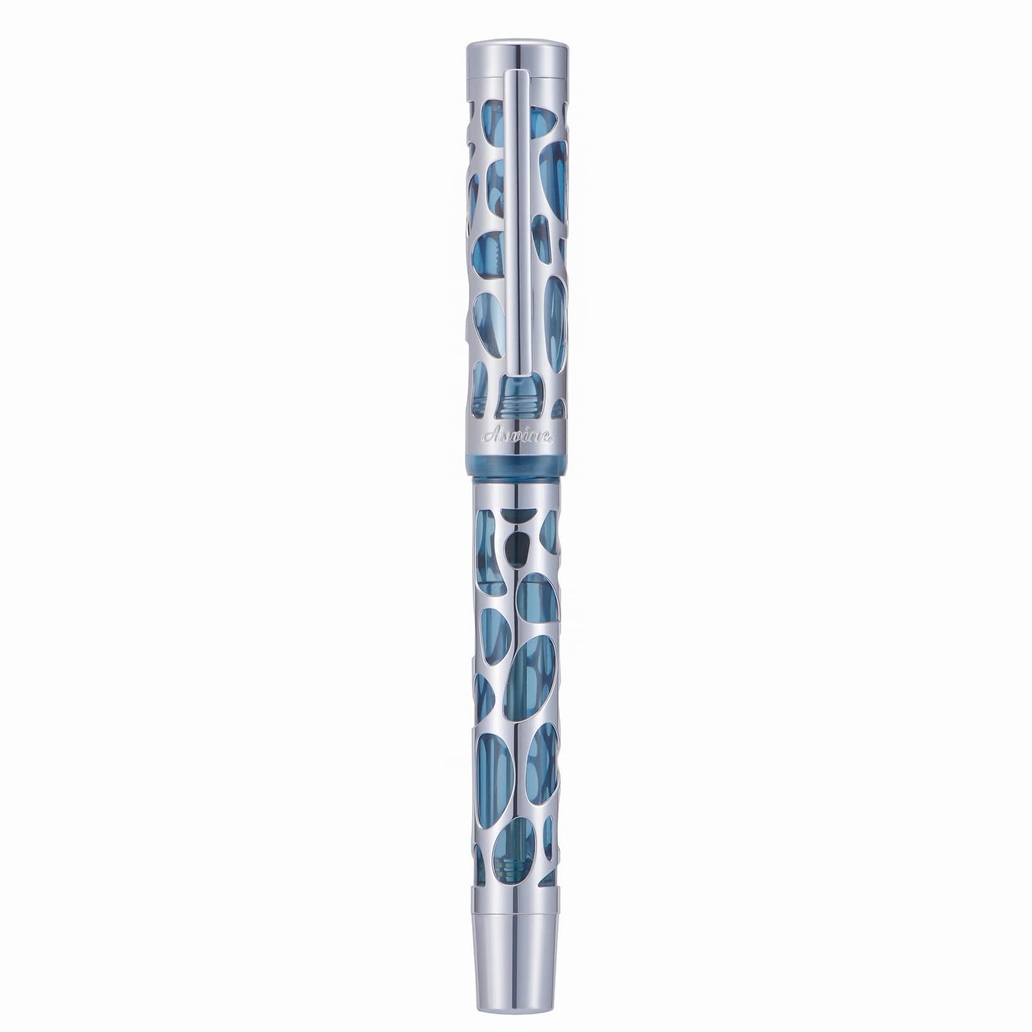 Asvine V169 Vacuum Filling Fountain Pen Fine Nib, Water Drop Skeleton Transparent Gray Blue Acrylic