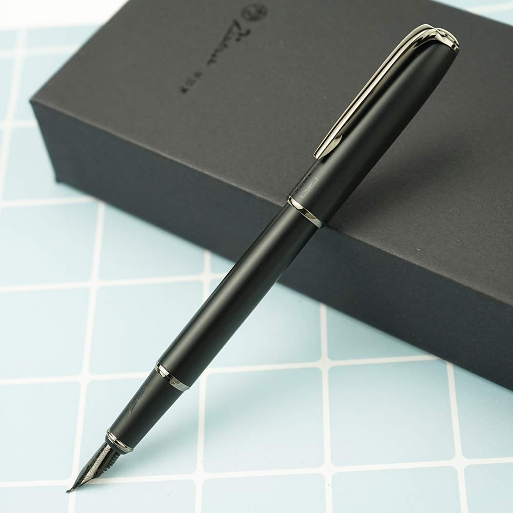 erofa Picasso 916 Matte Black & Gray Ring Fountain Pen with Box - Titanium Gray Bent Nib